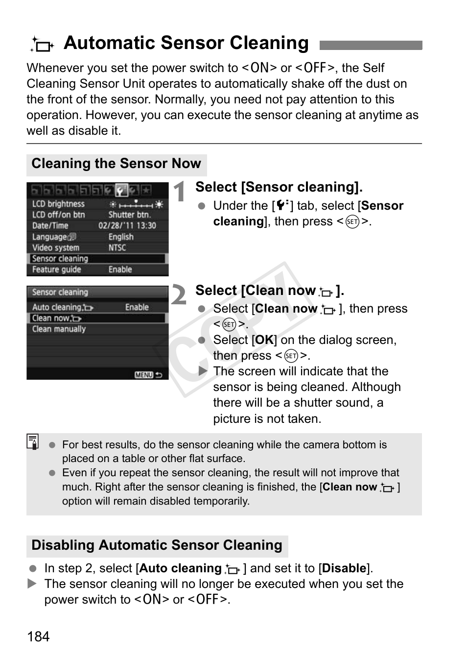 Cop y, Fautomatic sensor cleaning | Canon EOS Rebel T3i 18-55mm IS II Lens Kit User Manual | Page 184 / 324