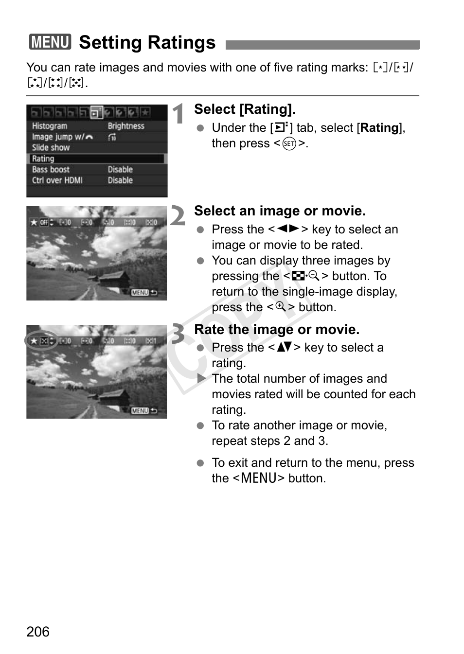 Cop y, 3setting ratings | Canon EOS Rebel T3i 18-55mm IS II Lens Kit User Manual | Page 206 / 324