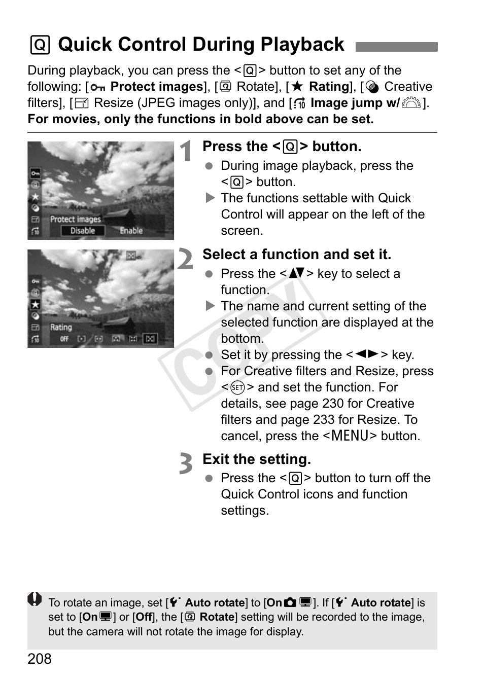 Cop y, Q quick control during playback | Canon EOS Rebel T3i 18-55mm IS II Lens Kit User Manual | Page 208 / 324