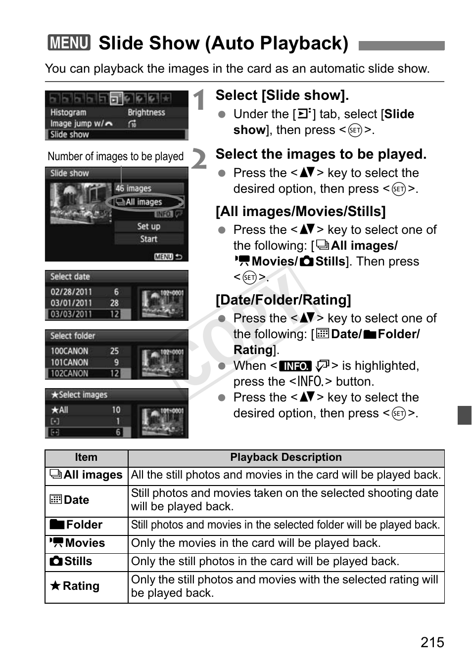 Cop y, 3slide show (auto playback) | Canon EOS Rebel T3i 18-55mm IS II Lens Kit User Manual | Page 215 / 324