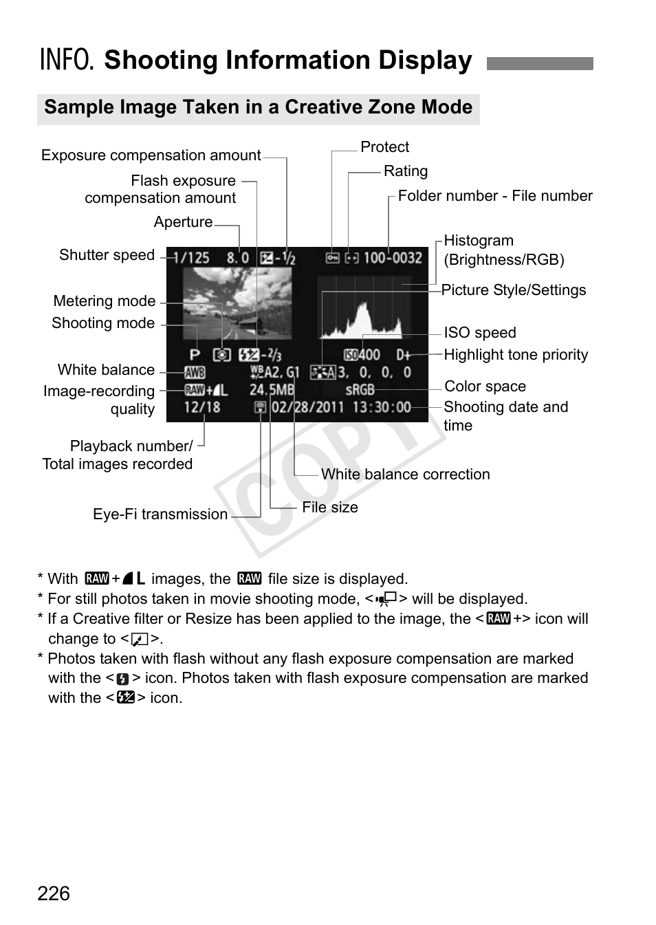 Cop y, C shooting information display | Canon EOS Rebel T3i 18-55mm IS II Lens Kit User Manual | Page 226 / 324