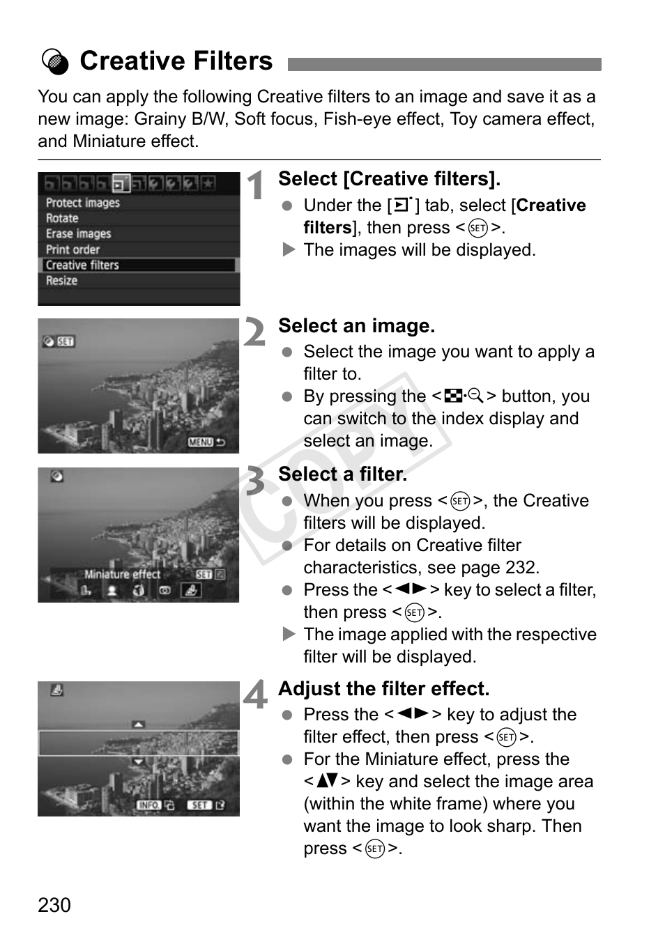 Cop y, Ucreative filters | Canon EOS Rebel T3i 18-55mm IS II Lens Kit User Manual | Page 230 / 324
