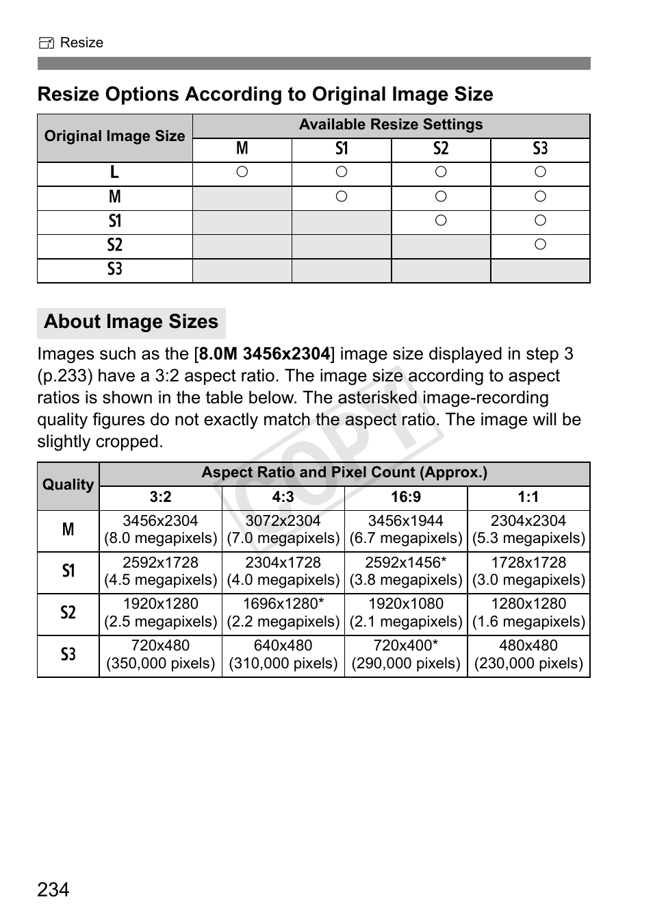 Cop y, Resize options according to original image size, About image sizes | Canon EOS Rebel T3i 18-55mm IS II Lens Kit User Manual | Page 234 / 324