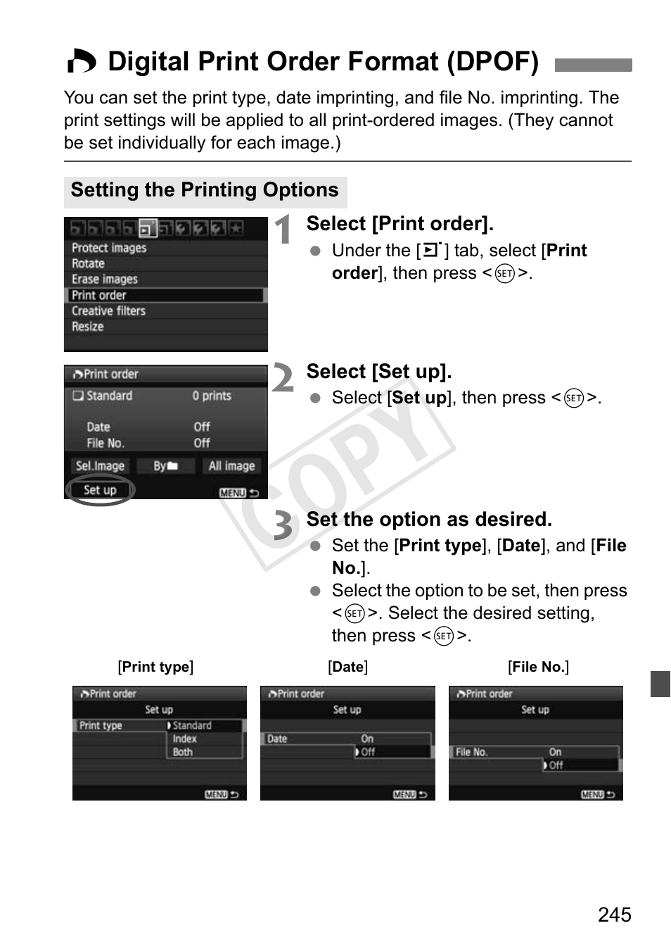 Cop y, W digital print order format (dpof) | Canon EOS Rebel T3i 18-55mm IS II Lens Kit User Manual | Page 245 / 324