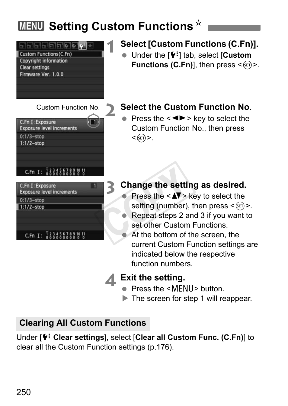 Cop y, 3setting custom functions n | Canon EOS Rebel T3i 18-55mm IS II Lens Kit User Manual | Page 250 / 324