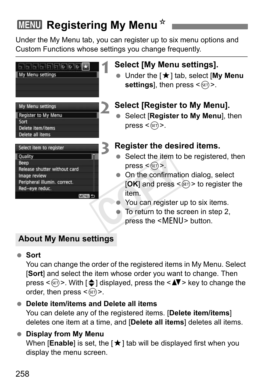Cop y, 3registering my menu n | Canon EOS Rebel T3i 18-55mm IS II Lens Kit User Manual | Page 258 / 324