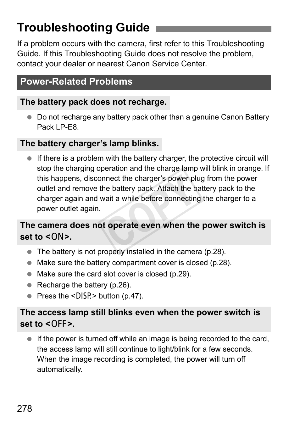 Cop y, Troubleshooting guide | Canon EOS Rebel T3i 18-55mm IS II Lens Kit User Manual | Page 278 / 324