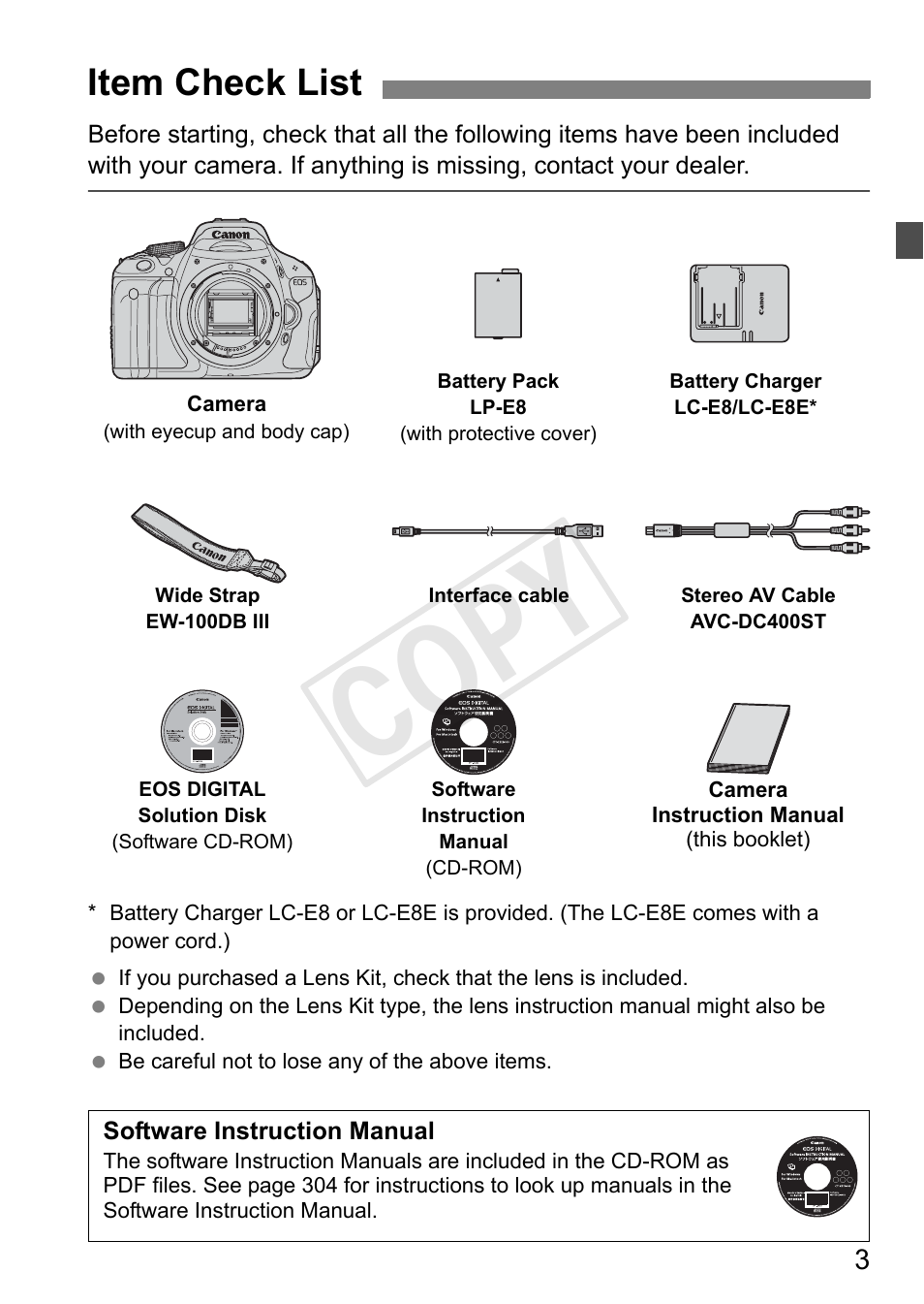 Cop y, Item check list | Canon EOS Rebel T3i 18-55mm IS II Lens Kit User Manual | Page 3 / 324