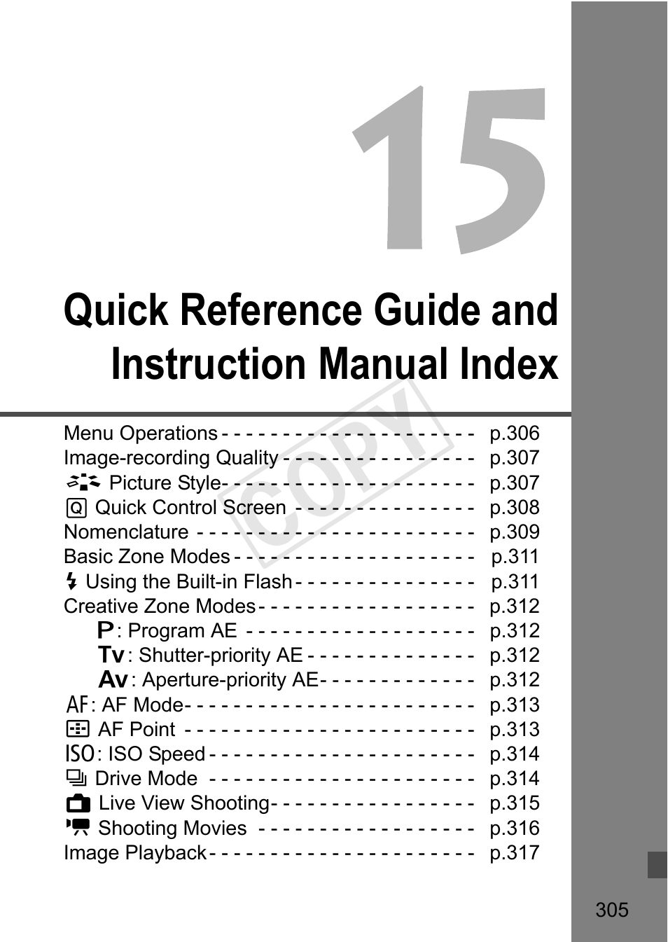 Cop y, Quick reference guide and instruction manual index | Canon EOS Rebel T3i 18-55mm IS II Lens Kit User Manual | Page 305 / 324