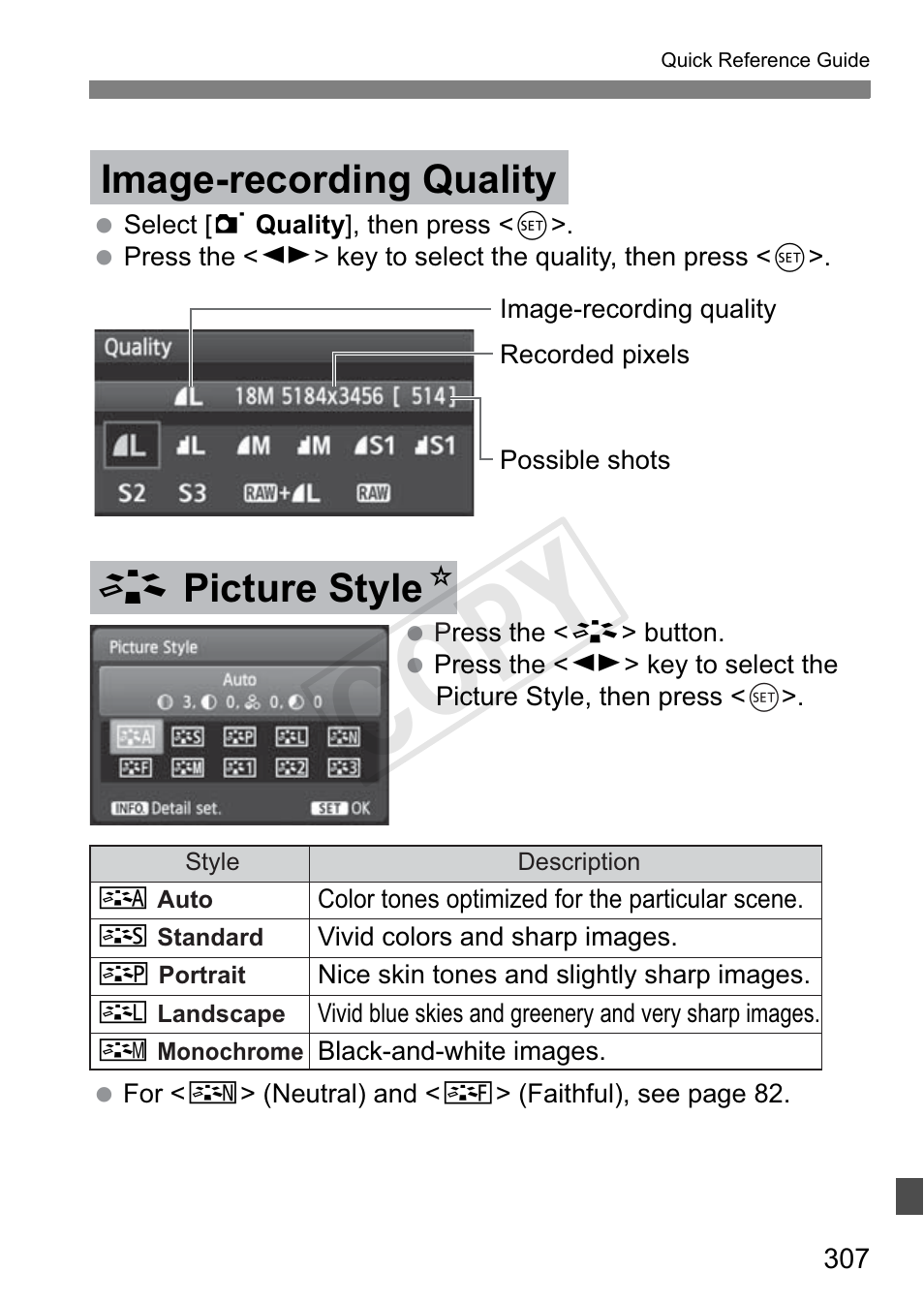 Cop y, Image-recording quality, A picture style n | Canon EOS Rebel T3i 18-55mm IS II Lens Kit User Manual | Page 307 / 324