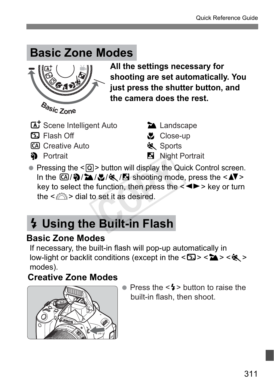 Cop y, Basic zone modes, D using the built-in flash | Canon EOS Rebel T3i 18-55mm IS II Lens Kit User Manual | Page 311 / 324