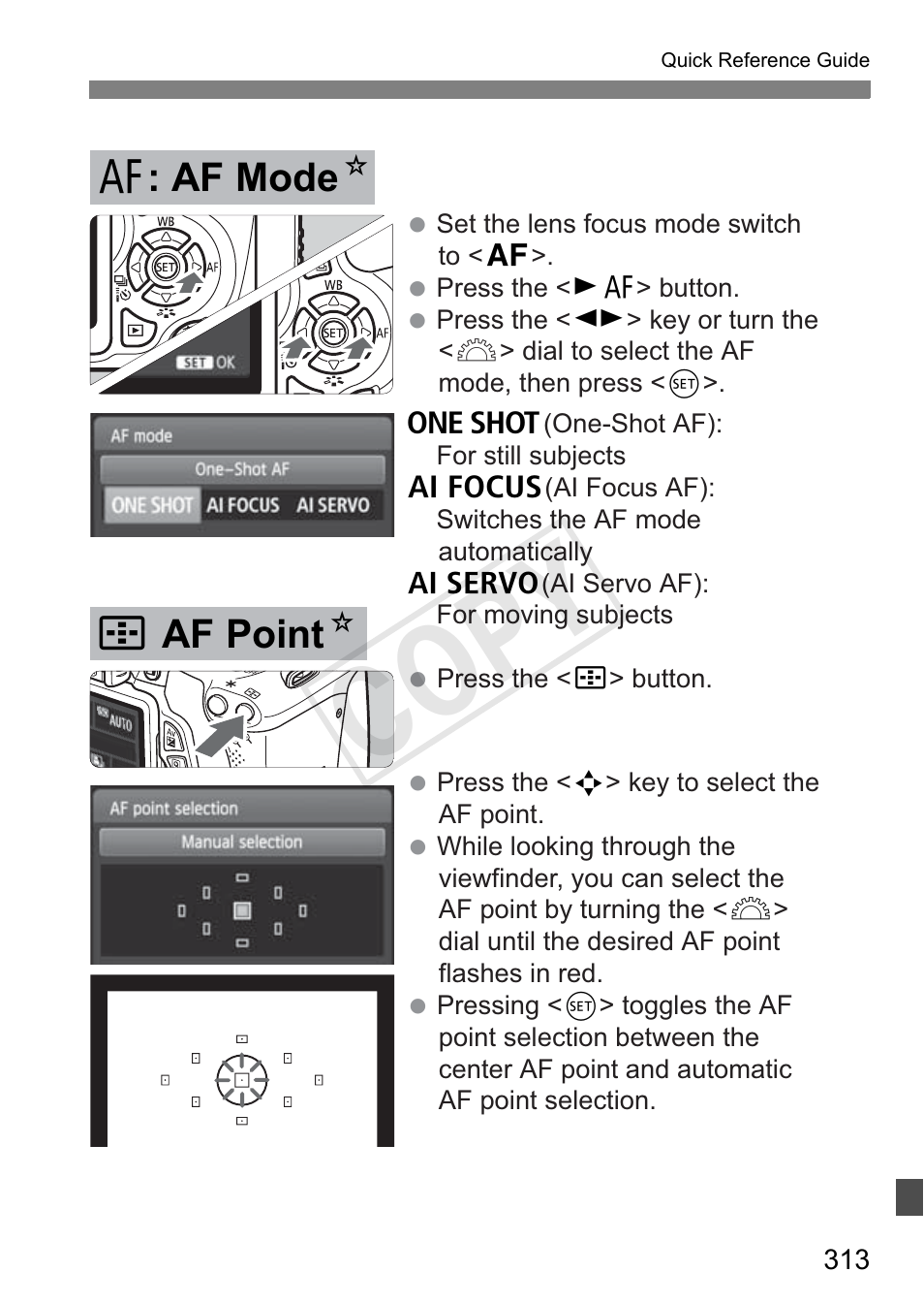Cop y, S af point n, E : af mode n | Canon EOS Rebel T3i 18-55mm IS II Lens Kit User Manual | Page 313 / 324