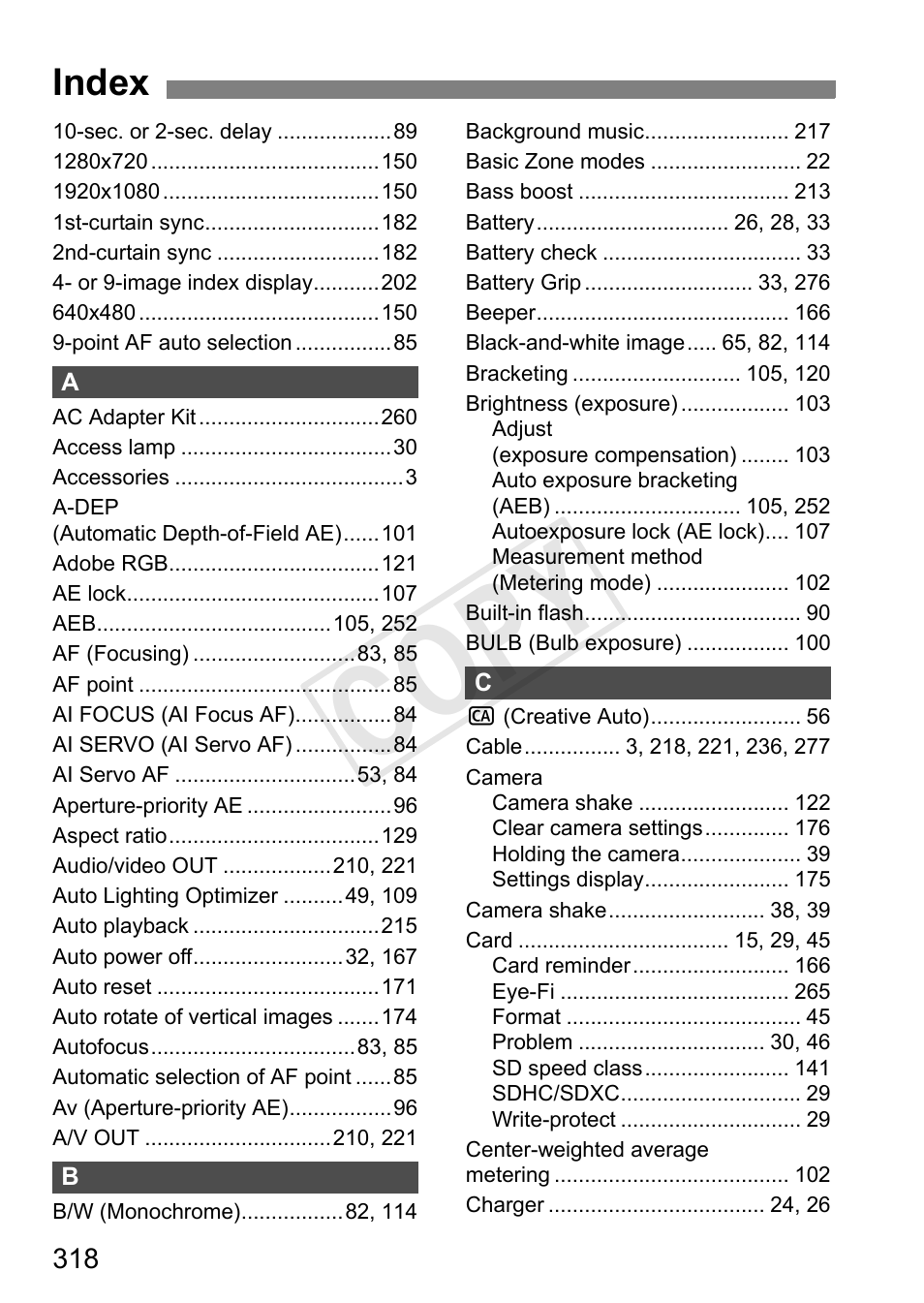 Cop y, Index | Canon EOS Rebel T3i 18-55mm IS II Lens Kit User Manual | Page 318 / 324