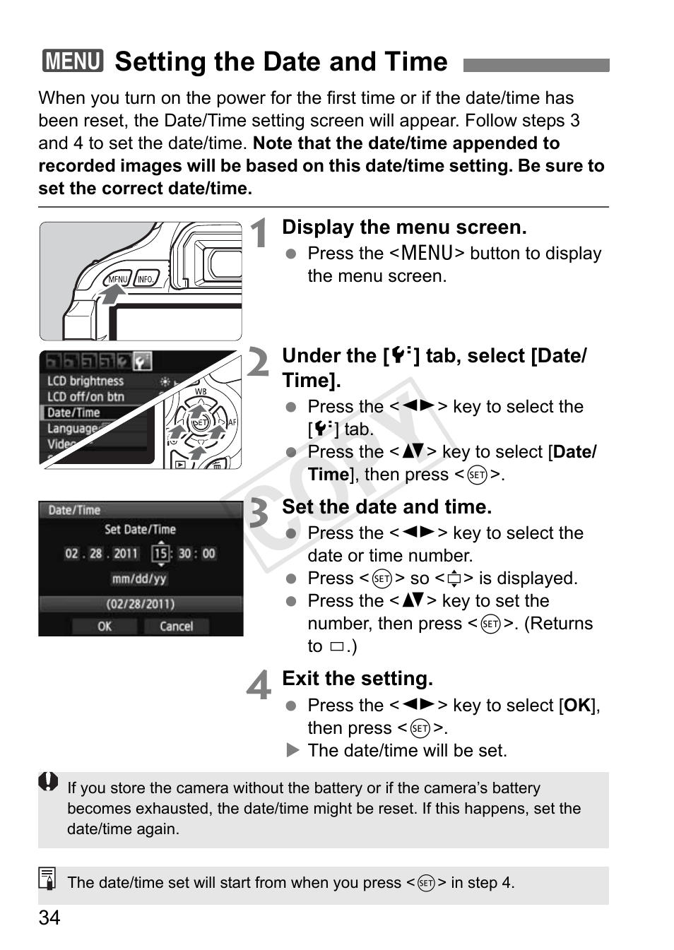 Cop y, 3setting the date and time | Canon EOS Rebel T3i 18-55mm IS II Lens Kit User Manual | Page 34 / 324