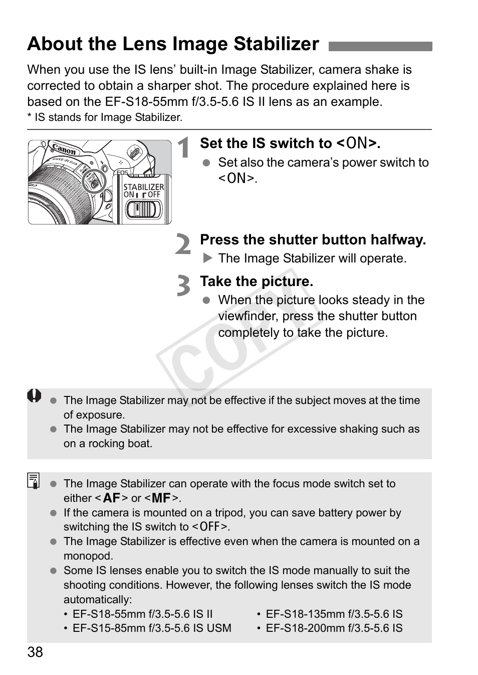 Cop y, About the lens image stabilizer | Canon EOS Rebel T3i 18-55mm IS II Lens Kit User Manual | Page 38 / 324