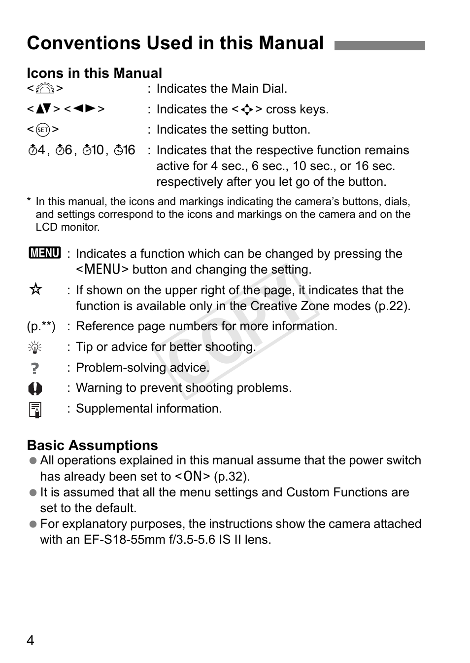 Cop y, Conventions used in this manual | Canon EOS Rebel T3i 18-55mm IS II Lens Kit User Manual | Page 4 / 324