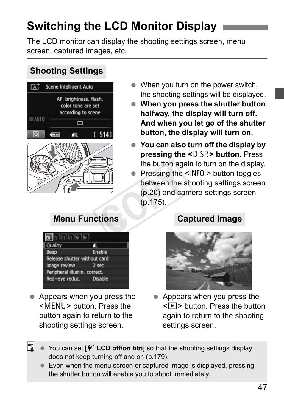 Cop y, Switching the lcd monitor display | Canon EOS Rebel T3i 18-55mm IS II Lens Kit User Manual | Page 47 / 324