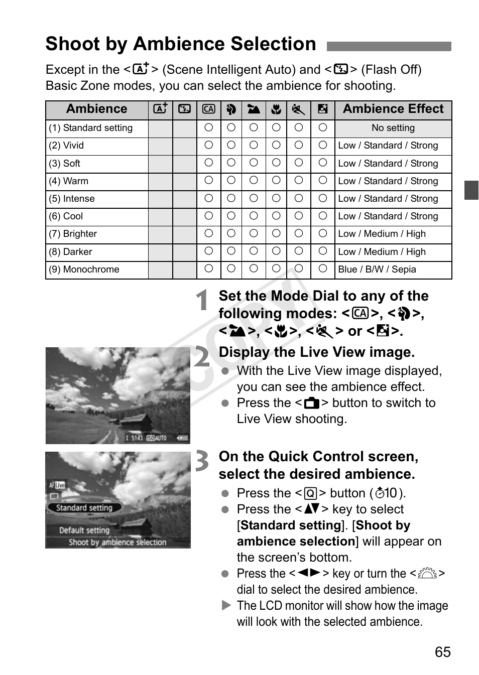 Cop y, Shoot by ambience selection | Canon EOS Rebel T3i 18-55mm IS II Lens Kit User Manual | Page 65 / 324