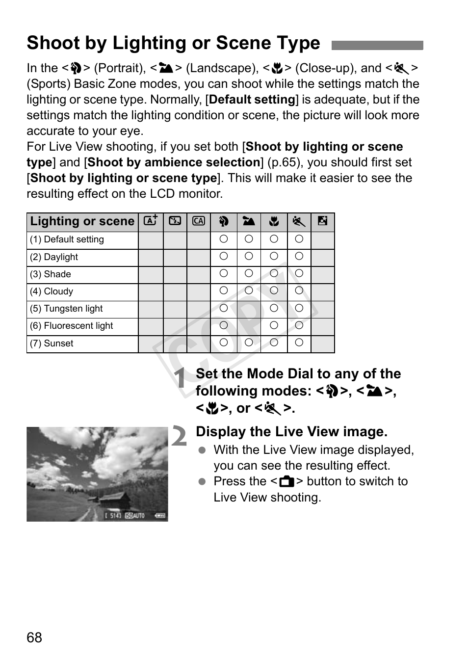 Cop y, Shoot by lighting or scene type | Canon EOS Rebel T3i 18-55mm IS II Lens Kit User Manual | Page 68 / 324