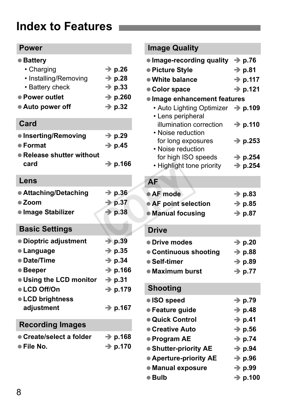 Cop y, Index to features | Canon EOS Rebel T3i 18-55mm IS II Lens Kit User Manual | Page 8 / 324