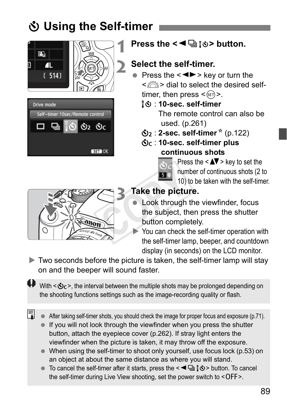 Cop y, Jusing the self-timer | Canon EOS Rebel T3i 18-55mm IS II Lens Kit User Manual | Page 89 / 324