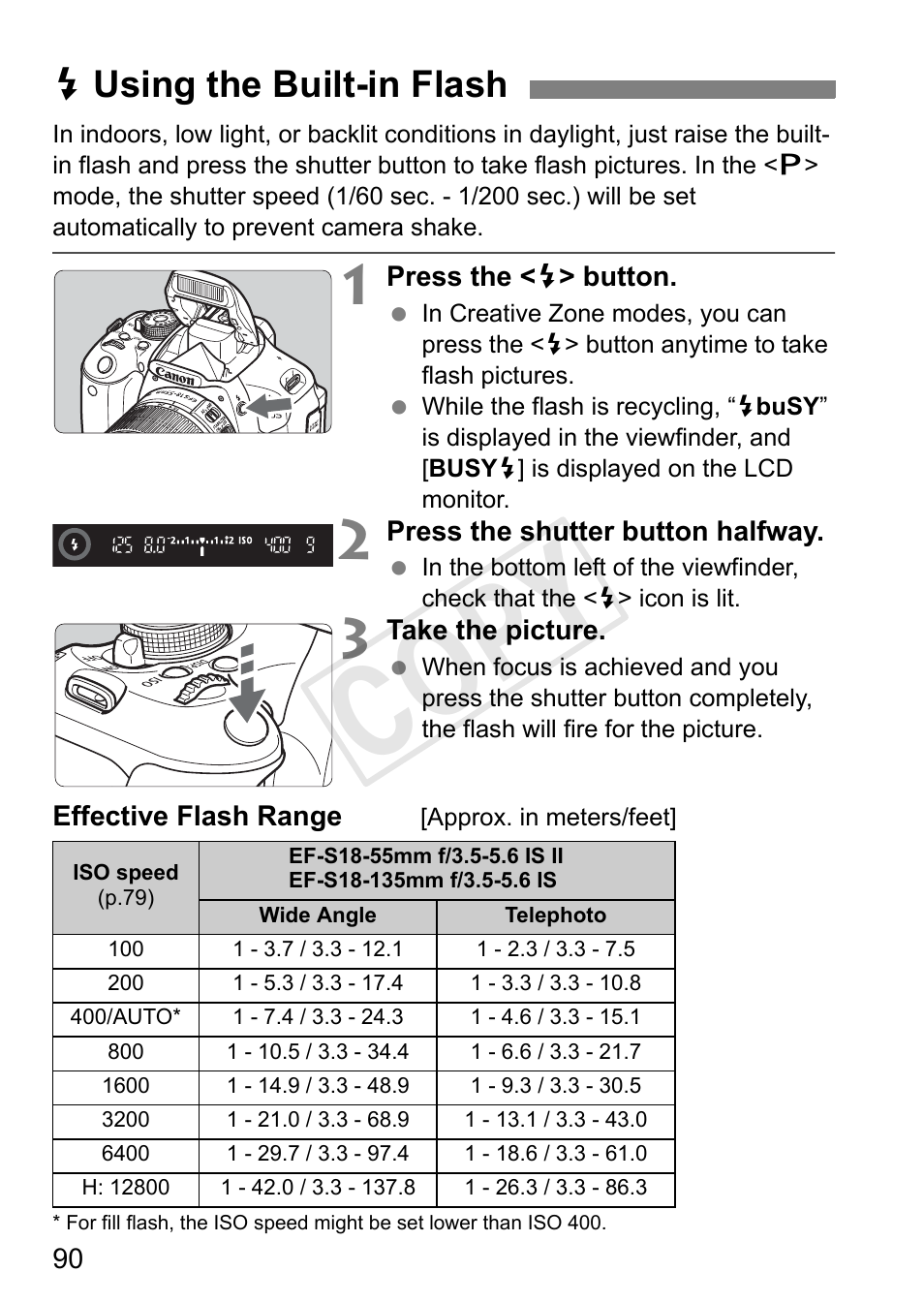 Cop y, Dusing the built-in flash | Canon EOS Rebel T3i 18-55mm IS II Lens Kit User Manual | Page 90 / 324
