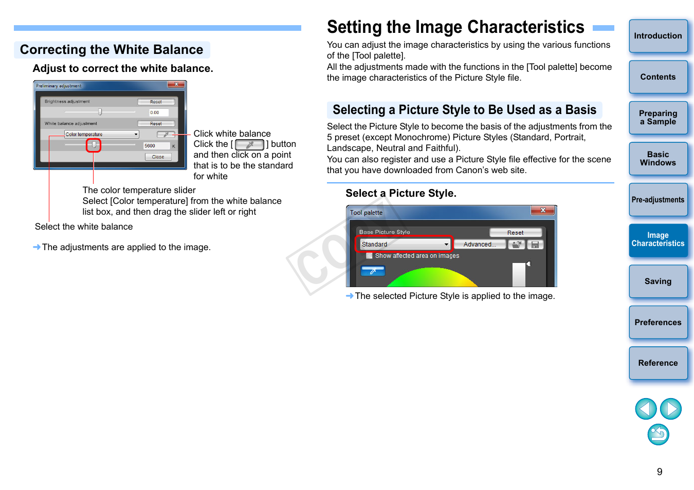 Setting the image characteristics, Image, Characteristics | Correcting the white balance, Selecting a picture style to be used as a basis, P.9), Cop y | Canon EOS Rebel T3 18-55mm IS II Lens Kit User Manual | Page 10 / 19