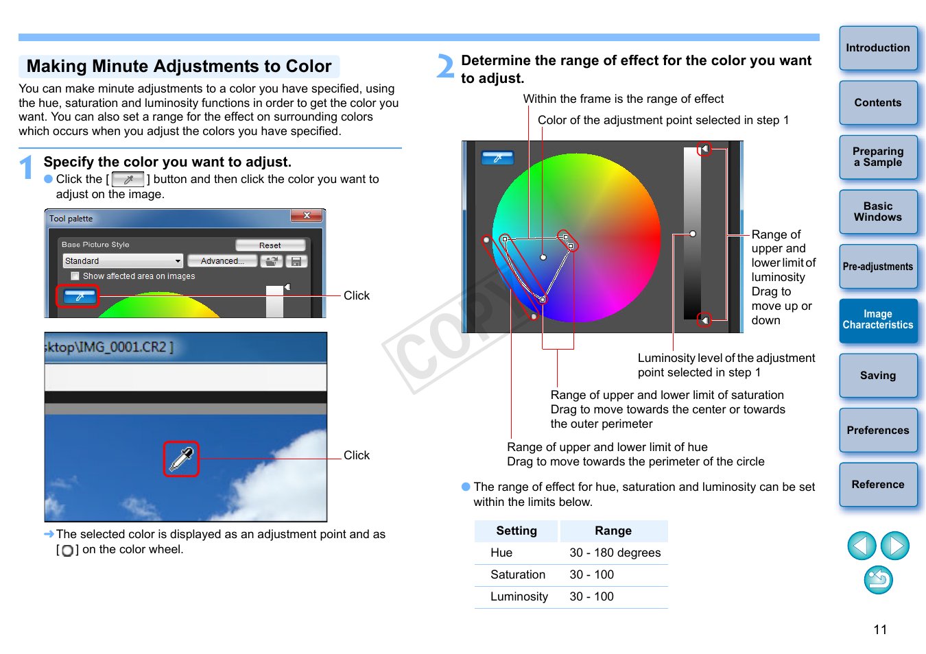 Making minute adjustments to color, P.11), Cop y | Canon EOS Rebel T3 18-55mm IS II Lens Kit User Manual | Page 12 / 19