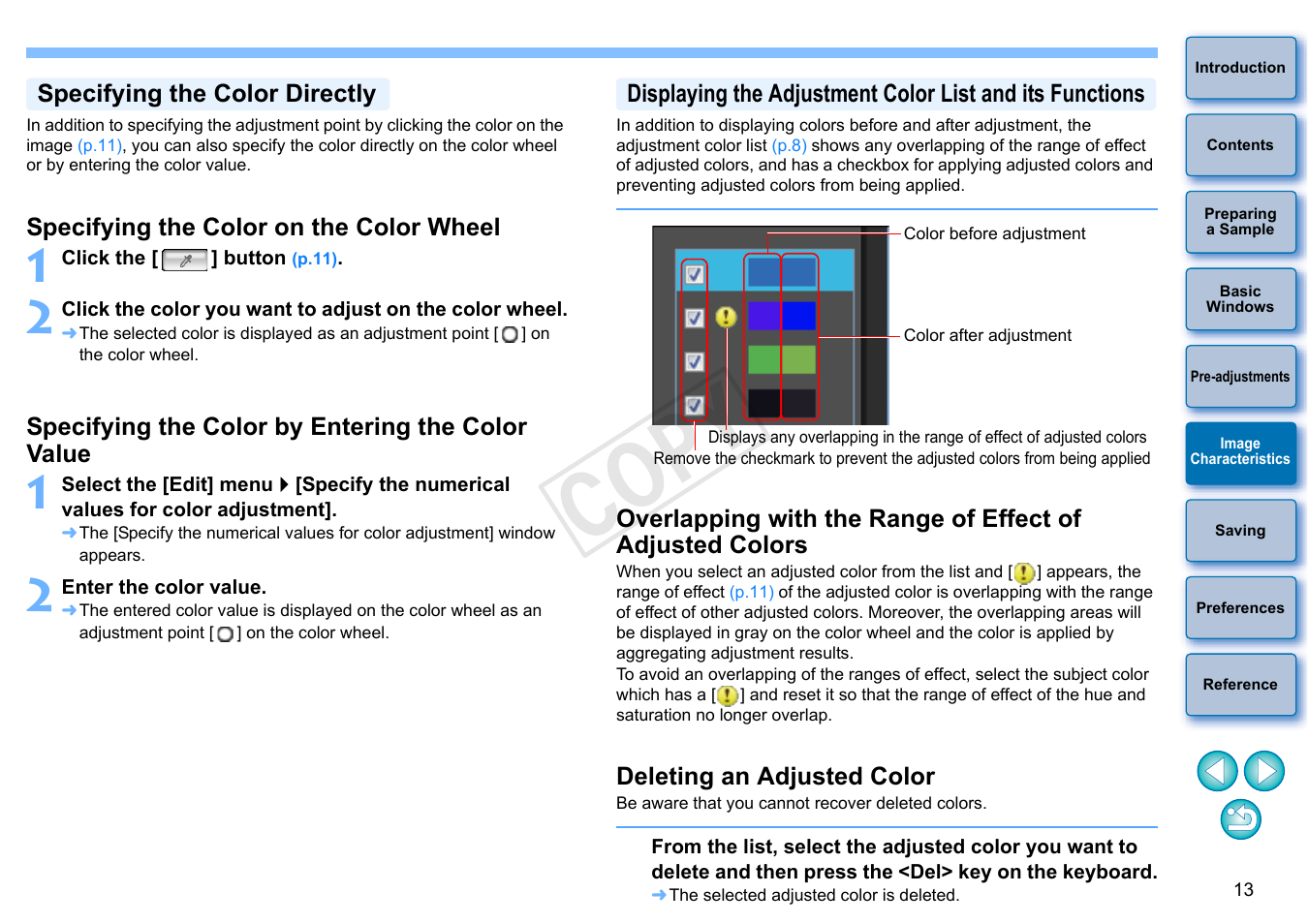 Specifying the color directly, Specifying the color on the color wheel, Specifying the color by entering the color value | Deleting an adjusted color, P.13), Cop y | Canon EOS Rebel T3 18-55mm IS II Lens Kit User Manual | Page 14 / 19
