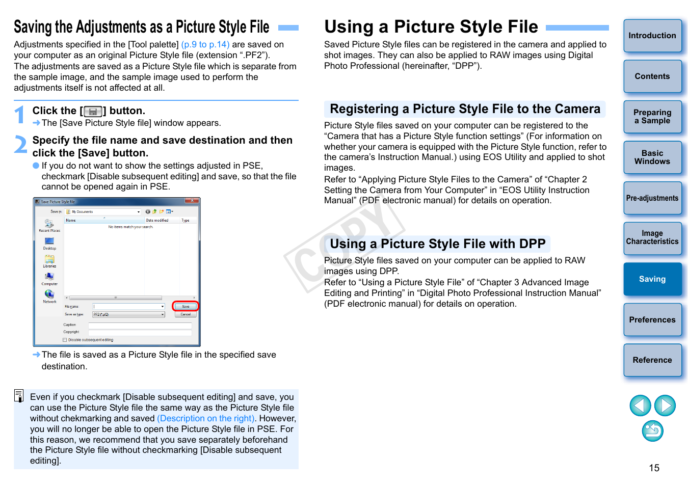 Saving the adjustments as a picture style file, Using a picture style file, Saving | Registering a picture style file to the camera, Using a picture style file with dpp, P.15), A picture style file, Tyle files created with pse, Cop y | Canon EOS Rebel T3 18-55mm IS II Lens Kit User Manual | Page 16 / 19