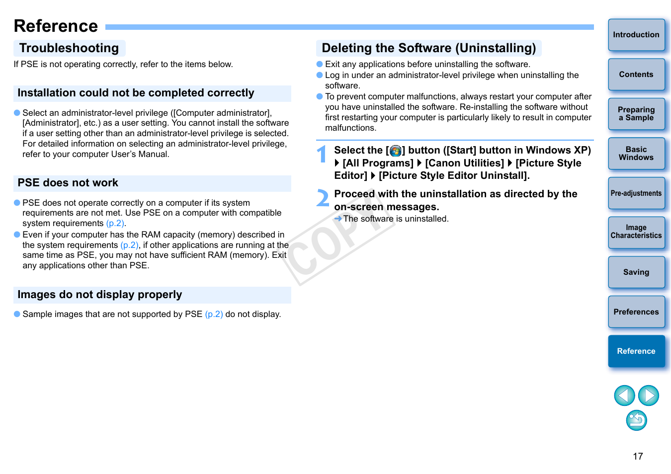 Reference, Troubleshooting, Deleting the software (uninstalling) | Cop y | Canon EOS Rebel T3 18-55mm IS II Lens Kit User Manual | Page 18 / 19