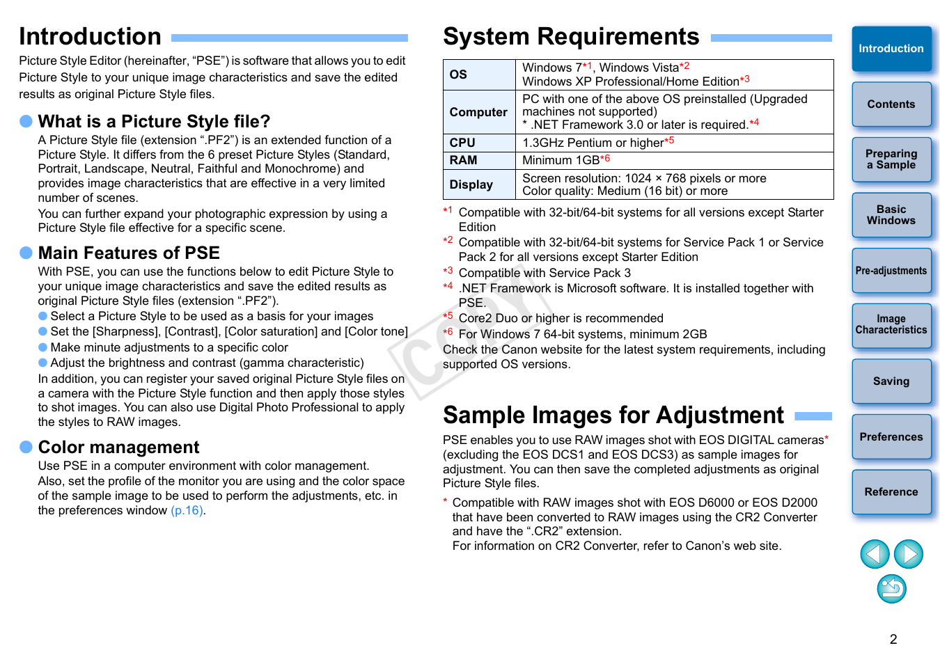 Introduction, System requirements, Sample images for adjustment | Cop y, What is a picture style file, Main features of pse, Color management | Canon EOS Rebel T3 18-55mm IS II Lens Kit User Manual | Page 3 / 19