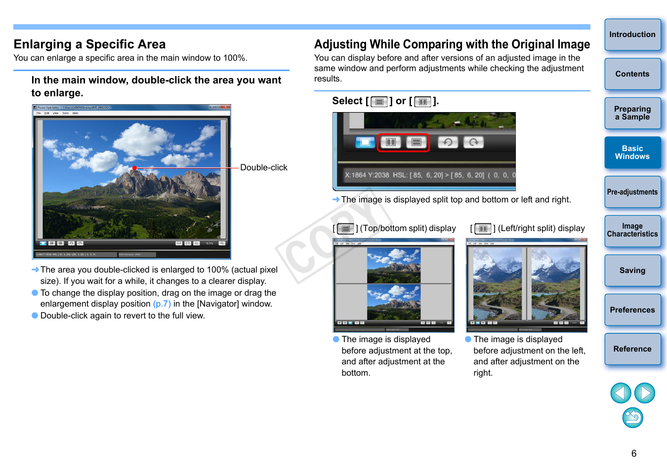 Enlarging a specific area, Adjusting while comparing with the original image, P.6) | Cop y | Canon EOS Rebel T3 18-55mm IS II Lens Kit User Manual | Page 7 / 19