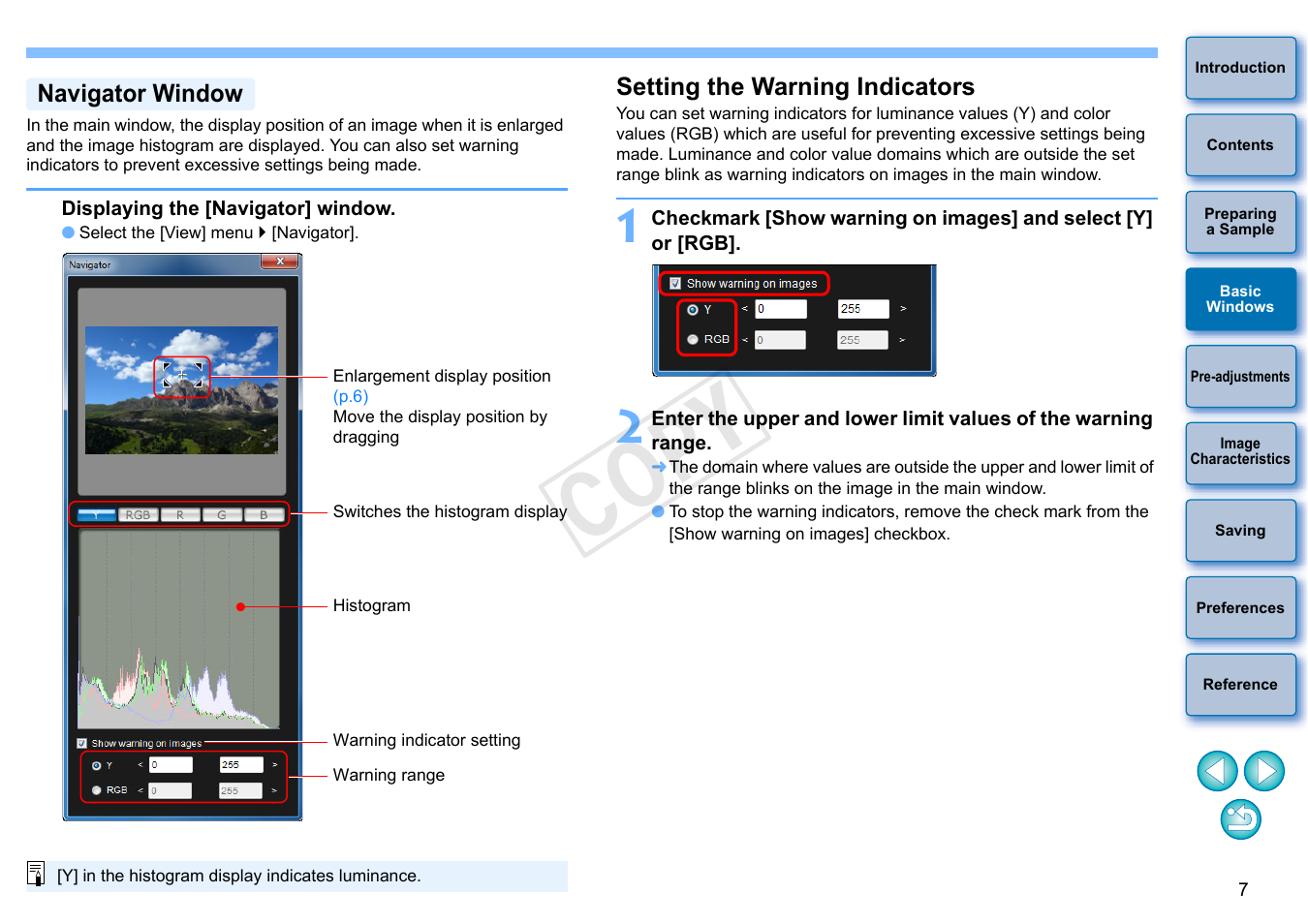 Navigator window, Setting the warning indicators, Sition | P.7), Cop y | Canon EOS Rebel T3 18-55mm IS II Lens Kit User Manual | Page 8 / 19