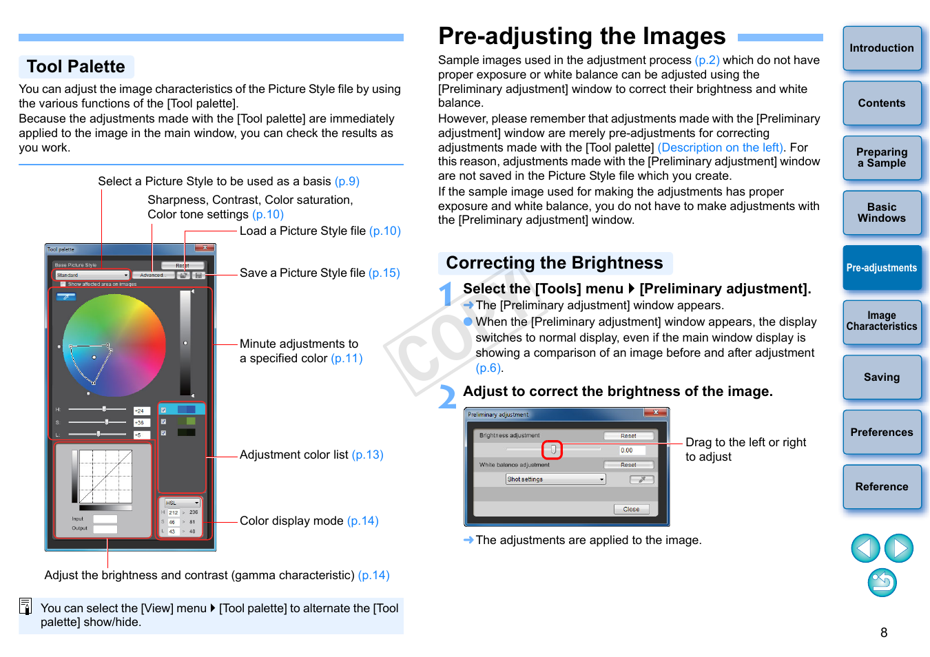Pre-adjusting the images, Pre-adjustments, Tool palette | Correcting the brightness, P.8, p.14, Cop y | Canon EOS Rebel T3 18-55mm IS II Lens Kit User Manual | Page 9 / 19