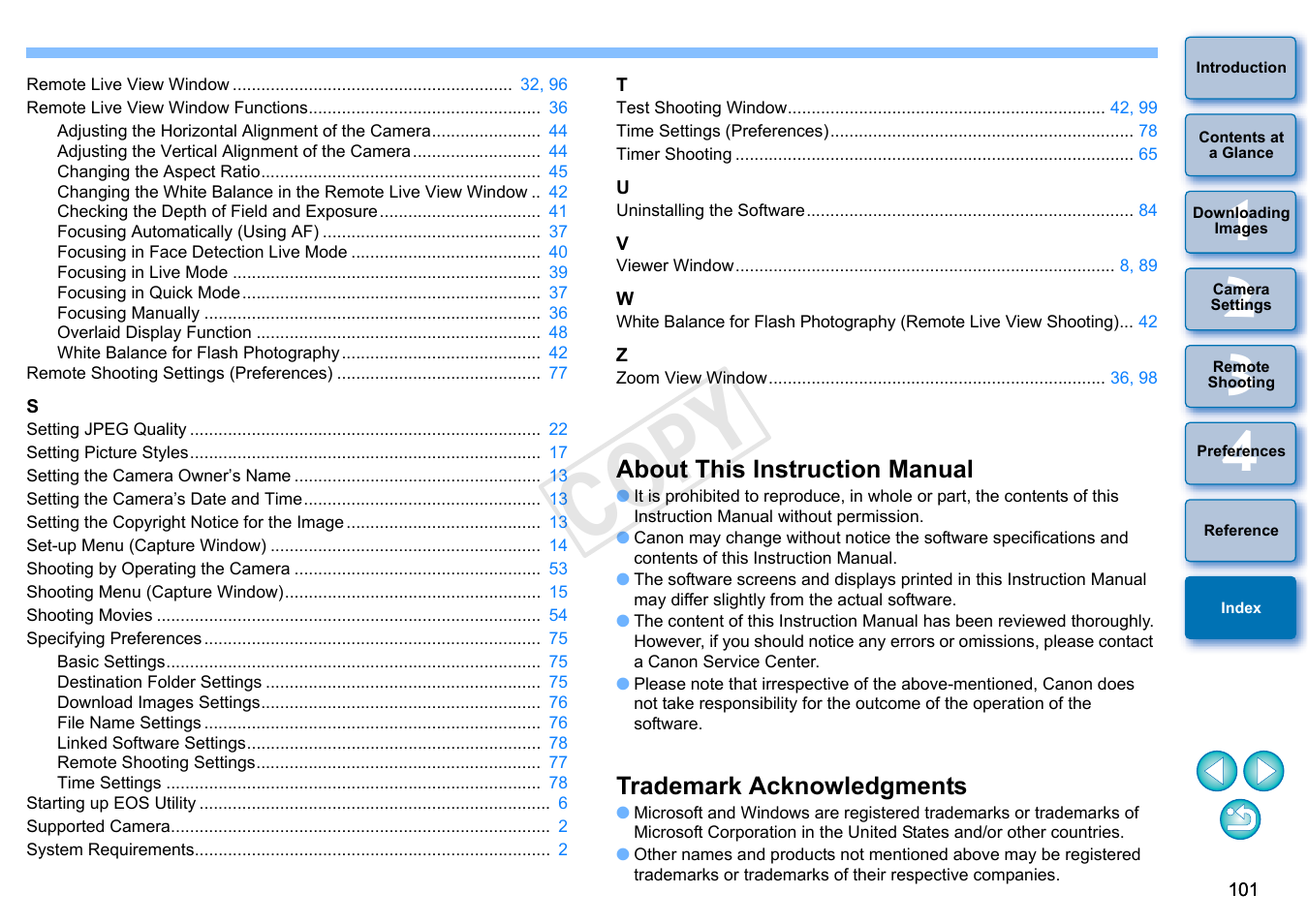 About this instruction manual, Trademark acknowledgments, Cop y | Canon EOS Rebel T3i 18-55mm IS II Lens Kit User Manual | Page 102 / 102