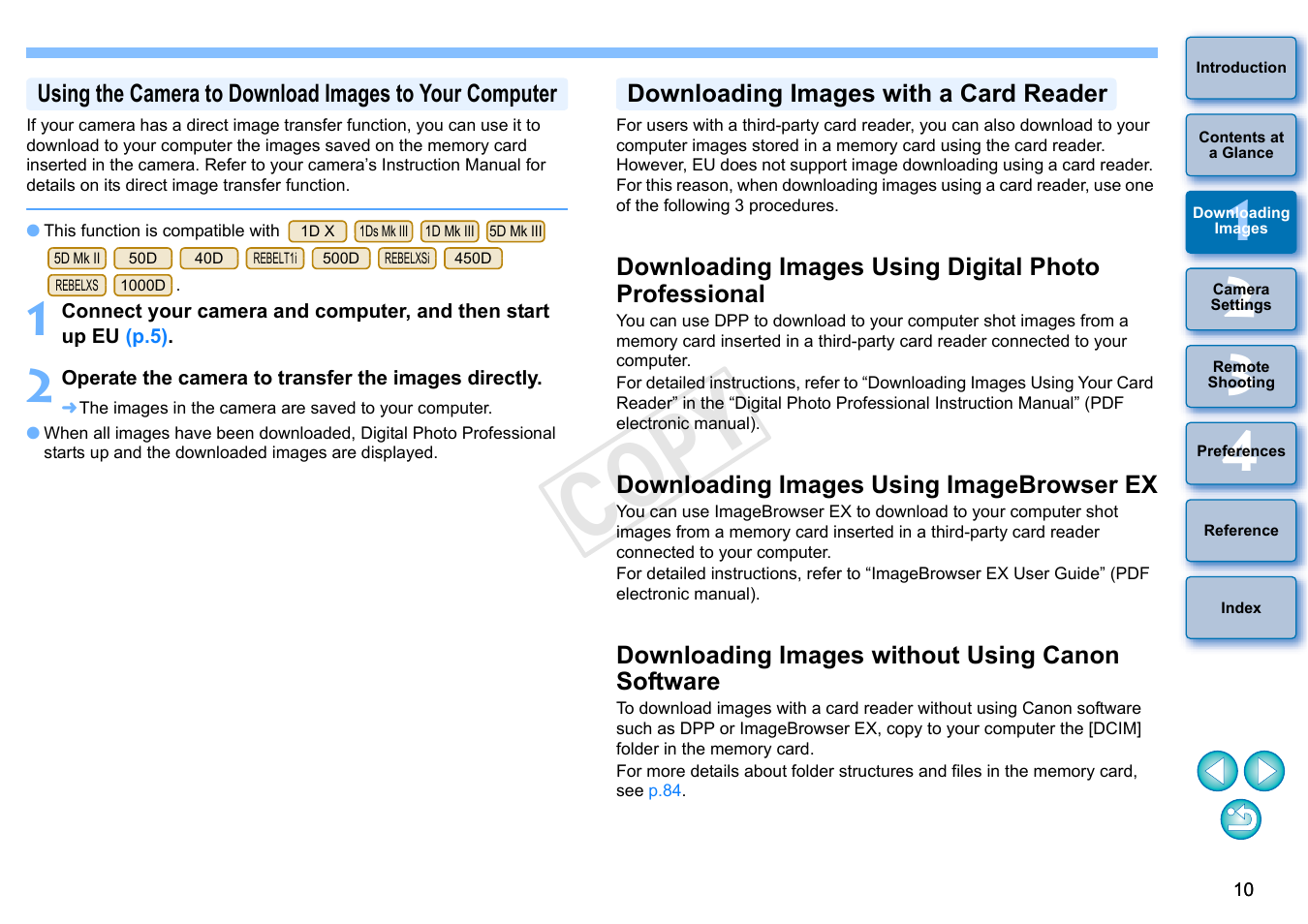 P.10, Downloading images with a card reader, Downloading images using imagebrowser ex | Downloading images without using canon software, Cop y | Canon EOS Rebel T3i 18-55mm IS II Lens Kit User Manual | Page 11 / 102