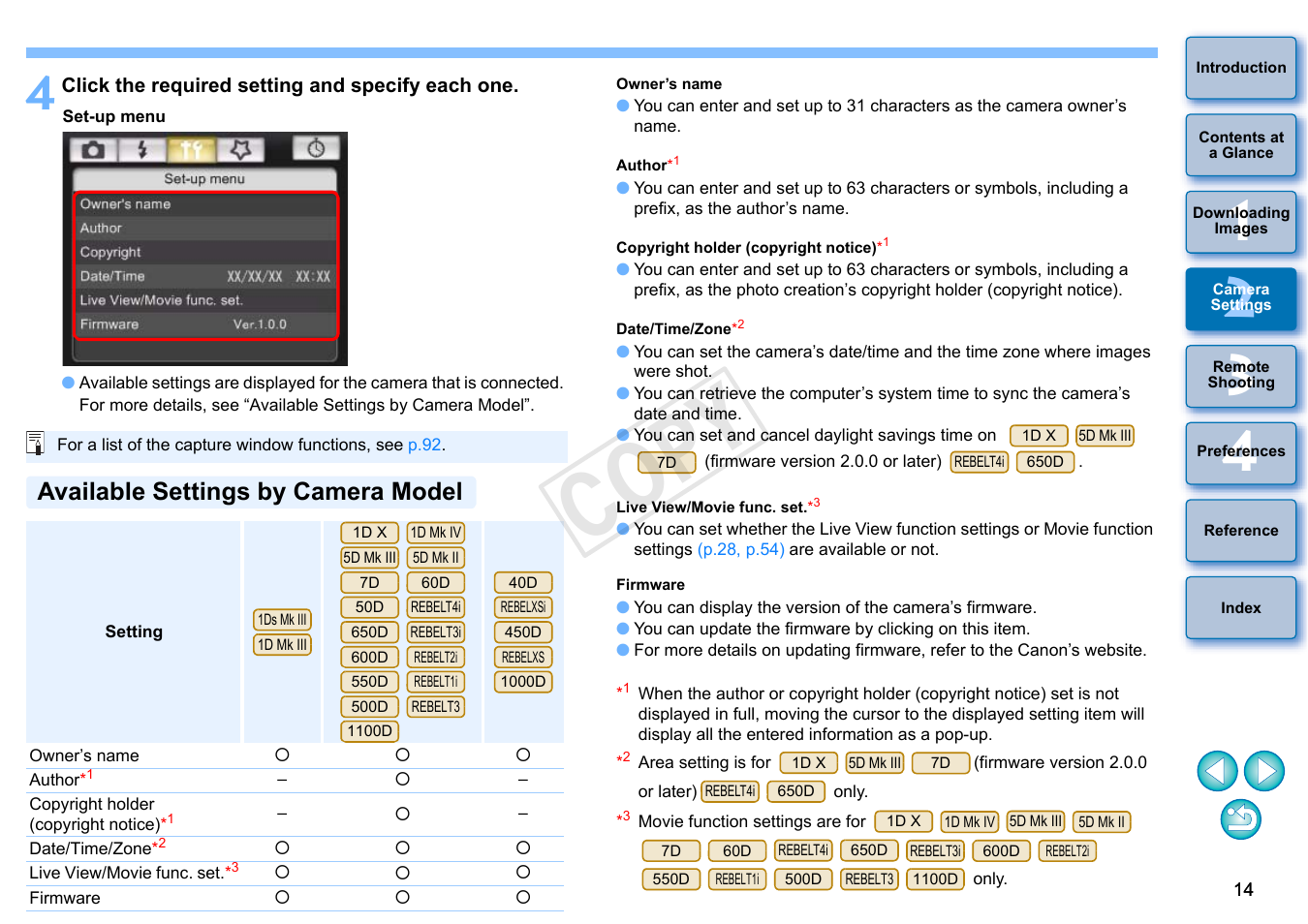 Available settings by camera model, Cop y | Canon EOS Rebel T3i 18-55mm IS II Lens Kit User Manual | Page 15 / 102