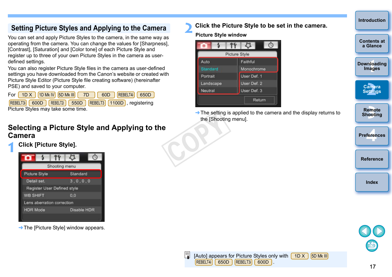 P.17, Setting picture styles and applying to the camera, P.17) | Cop y | Canon EOS Rebel T3i 18-55mm IS II Lens Kit User Manual | Page 18 / 102