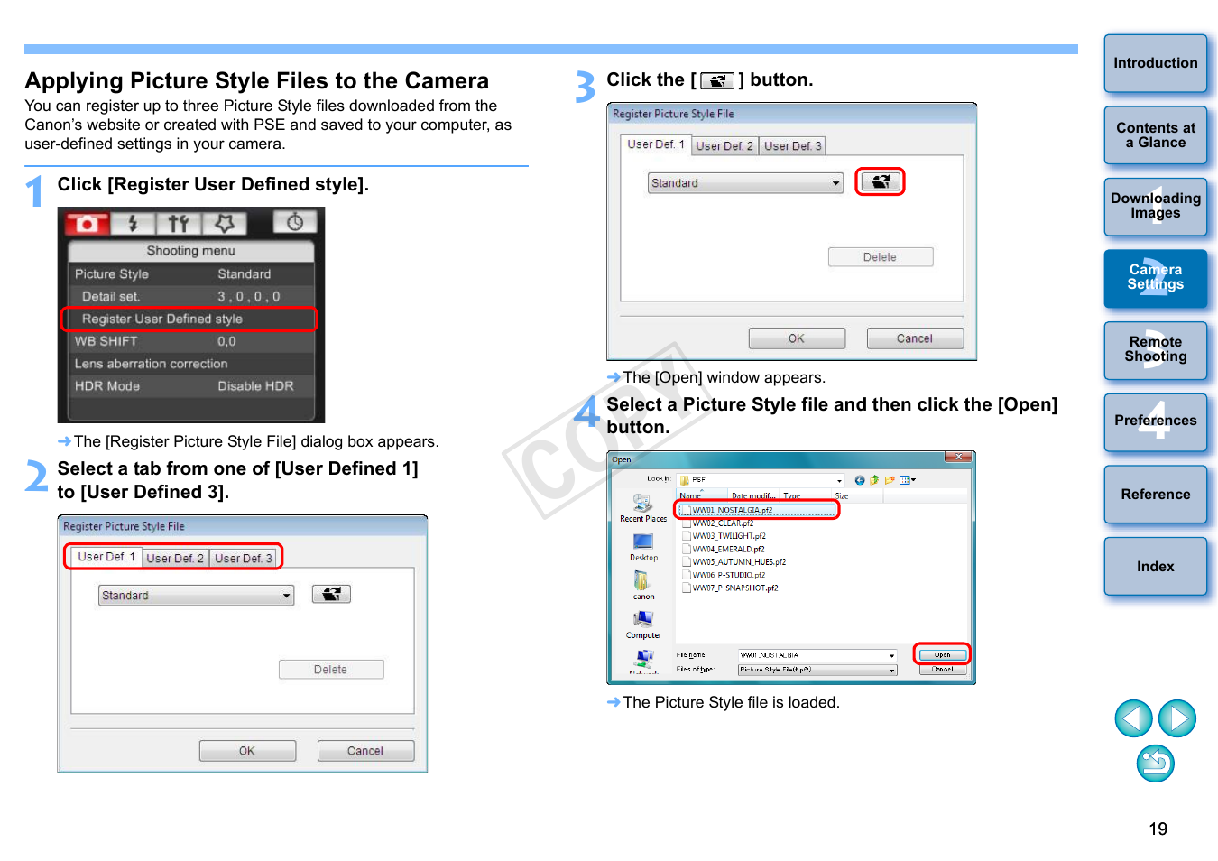P.19, Applying picture style files to the camera, Cop y | Canon EOS Rebel T3i 18-55mm IS II Lens Kit User Manual | Page 20 / 102
