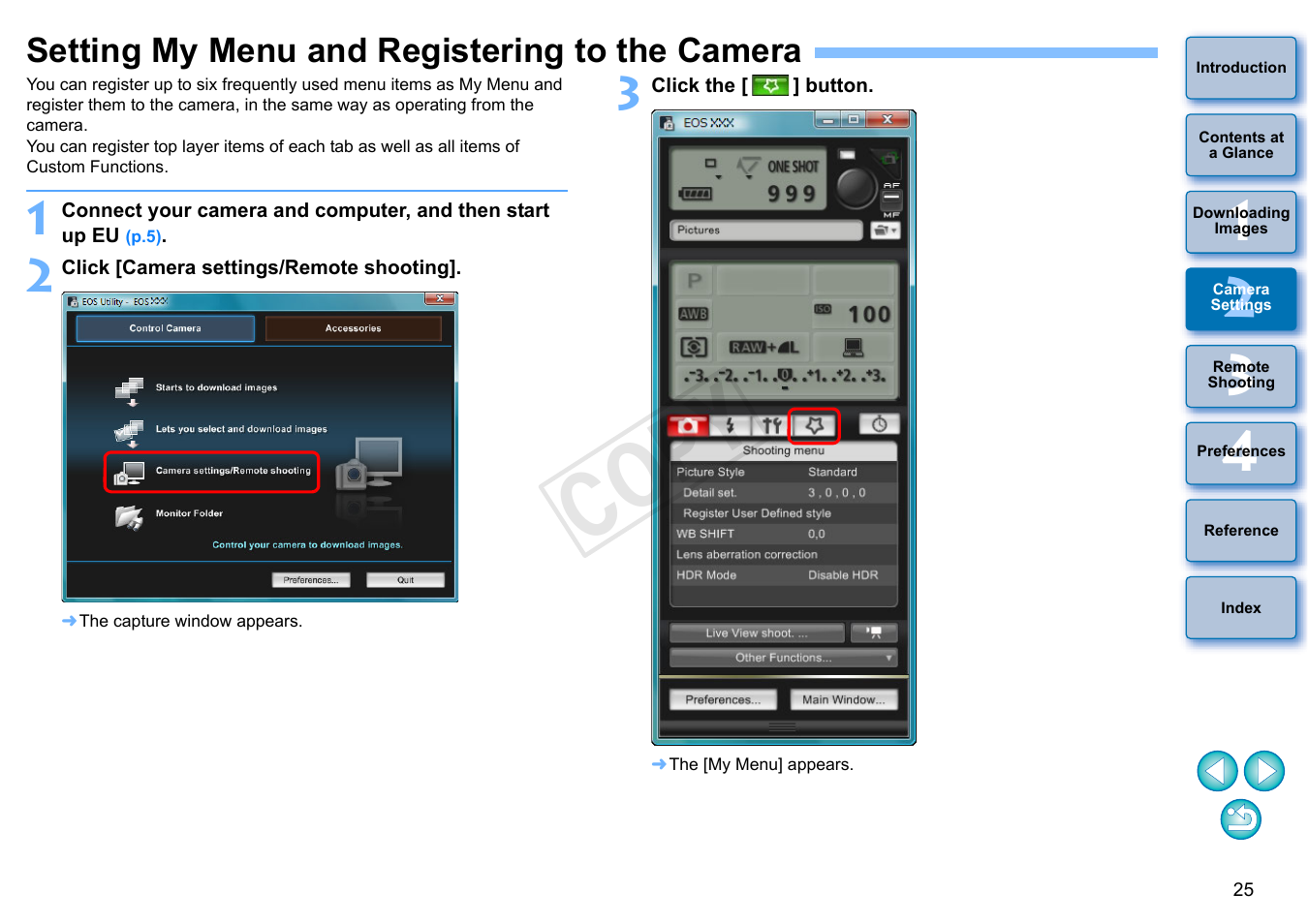 Setting my menu and registering to the camera, P.25, Cop y | Canon EOS Rebel T3i 18-55mm IS II Lens Kit User Manual | Page 26 / 102