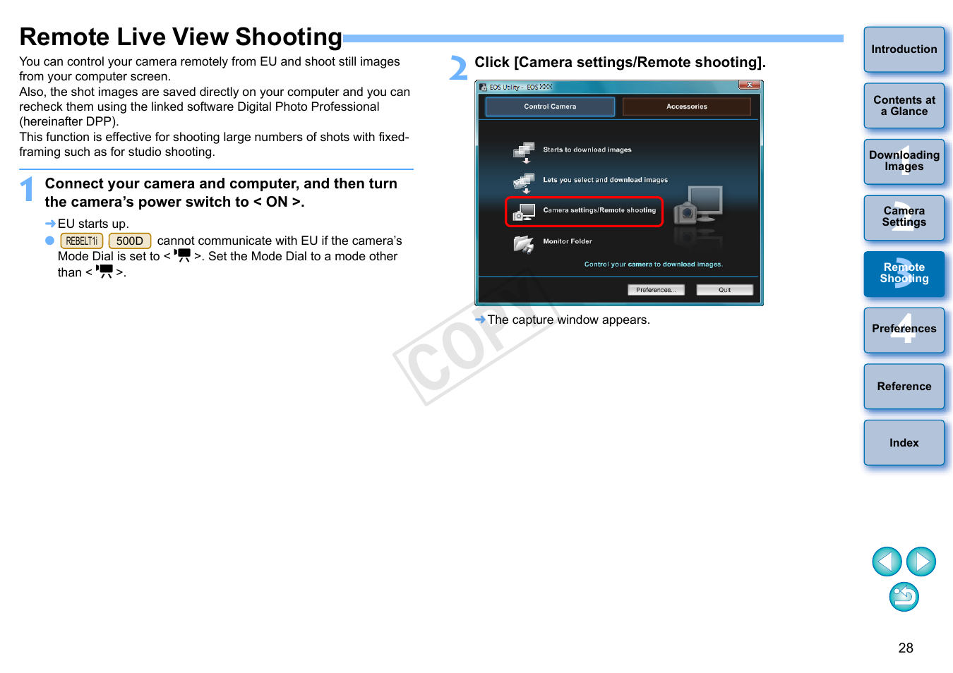 Remote live view shooting, P.28, Cop y | Canon EOS Rebel T3i 18-55mm IS II Lens Kit User Manual | Page 29 / 102