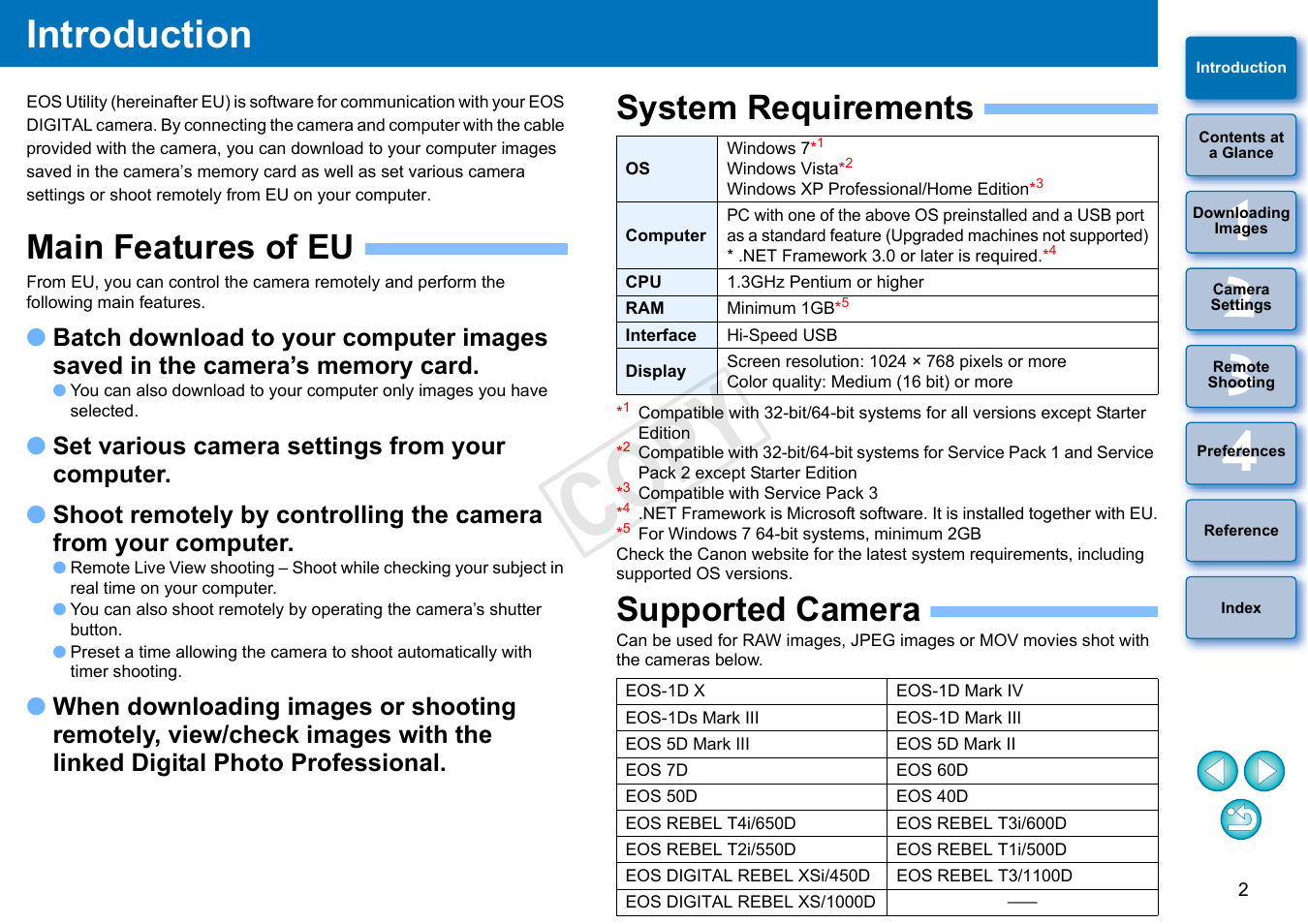 Introduction, Main features of eu, System requirements | Supported camera, Cop y | Canon EOS Rebel T3i 18-55mm IS II Lens Kit User Manual | Page 3 / 102