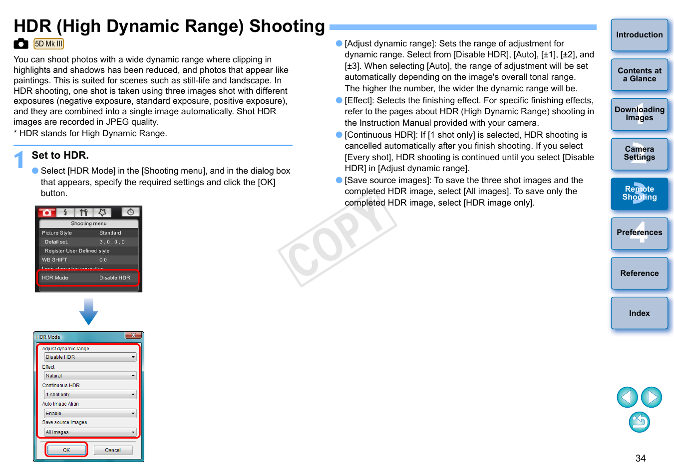 Hdr (high dynamic range) shooting, P.34), Cop y | Canon EOS Rebel T3i 18-55mm IS II Lens Kit User Manual | Page 35 / 102