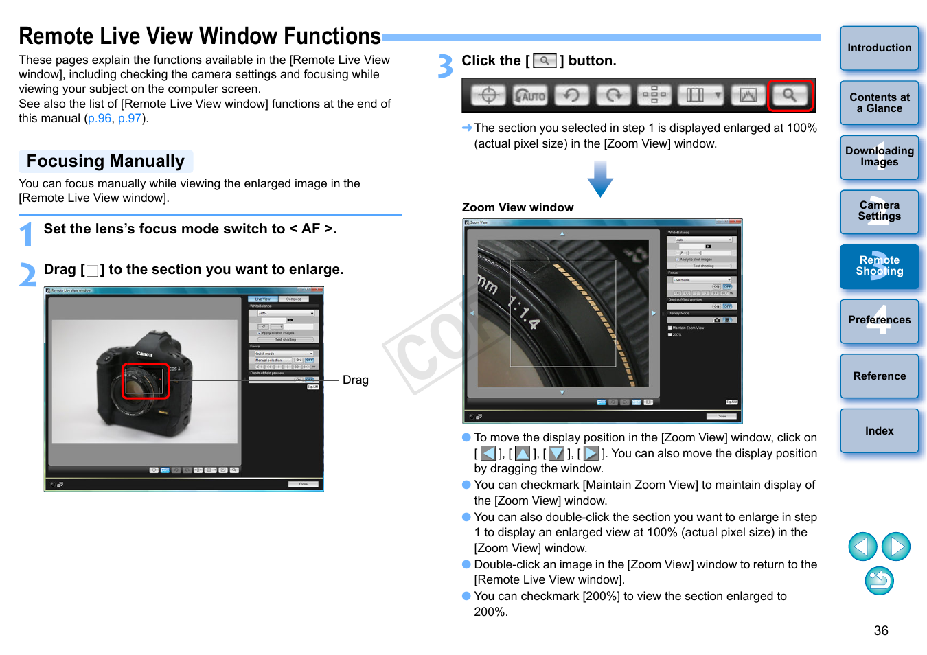 Remote live view window functions, Focusing manually, Cop y | Canon EOS Rebel T3i 18-55mm IS II Lens Kit User Manual | Page 37 / 102