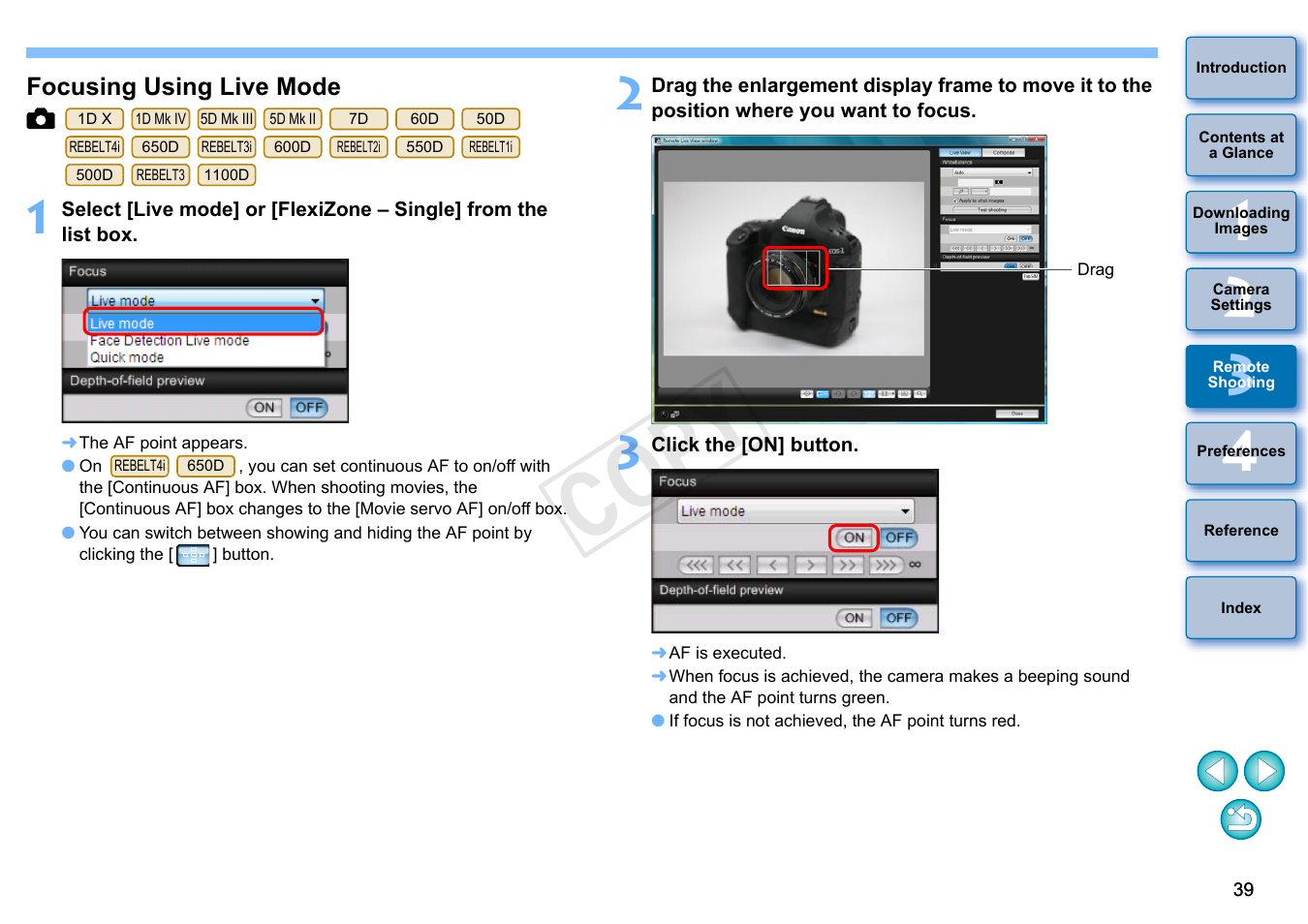 Focusing using live mode, Cop y | Canon EOS Rebel T3i 18-55mm IS II Lens Kit User Manual | Page 40 / 102