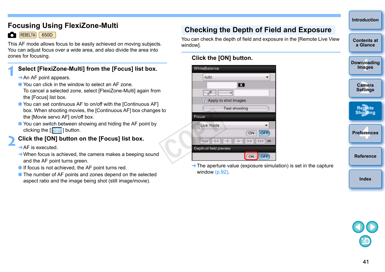 Focusing using flexizone-multi, Checking the depth of field and exposure, P.41) | Cop y | Canon EOS Rebel T3i 18-55mm IS II Lens Kit User Manual | Page 42 / 102
