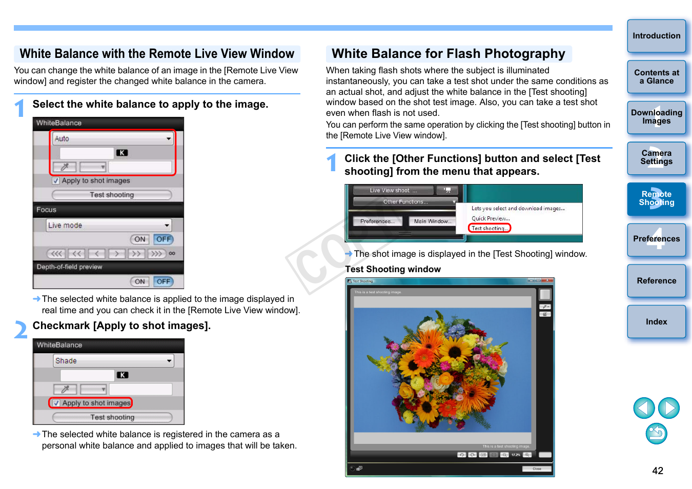 White balance with the remote live view window, White balance for flash photography, P.42) | Cop y | Canon EOS Rebel T3i 18-55mm IS II Lens Kit User Manual | Page 43 / 102