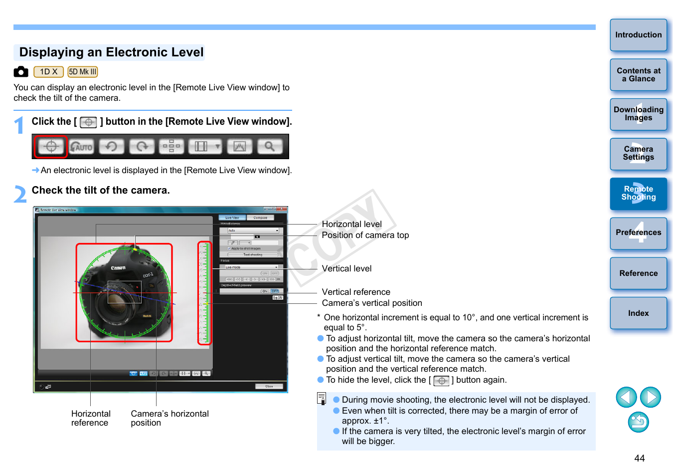 P.44, Displaying an electronic level, Cop y | Canon EOS Rebel T3i 18-55mm IS II Lens Kit User Manual | Page 45 / 102