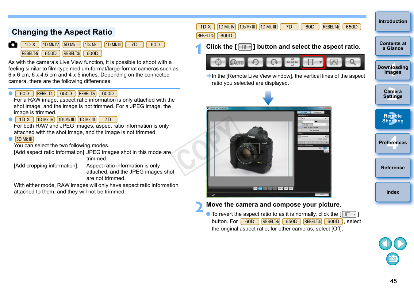 P.45, Changing the aspect ratio, Cop y | Canon EOS Rebel T3i 18-55mm IS II Lens Kit User Manual | Page 46 / 102
